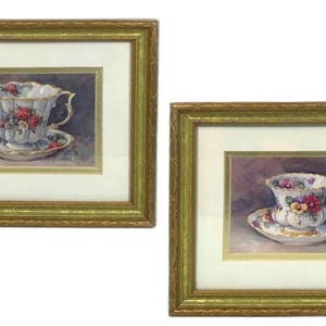 Tea Cup Framed Art, Barbara Mock Tea Cup Framed Fine Art Prints SET OF 2 - Rose Bouquet / Violets - Matted and Framed in Gold Wood Frame