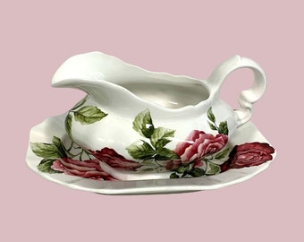 Vintage Gravy Boat and Underplate ROSES China Floral with Green Leaves - STUNNING!