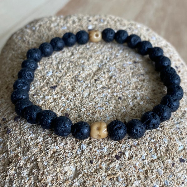 Volcanic Rock and Bone Skull Memento Mori 6mm Beaded Bracelet Gifts for Men Stoic Wrist Mala