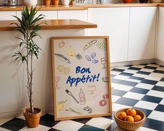 Bon Appétit keukenmuurkunst - Frans geïnspireerde culinaire decoratie | Moderne voedselillustraties voor eetkamer en keuken | Foodie-cadeaus