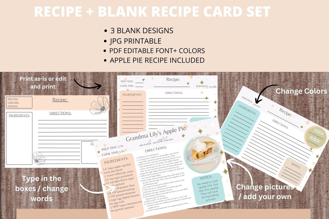 Recipe Card Digital Download, Apple Pie Recipe, Editable Recipe Card Template, Printable Recipe ...