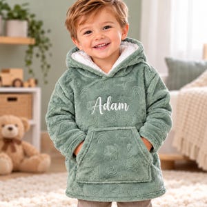 May include: A sage green plush hooded sweatshirt featuring a white sherpa lining and a front kangaroo pocket. The fabric has an embossed pattern of dinosaurs and rainbows, with the name Adam embroidered in white script on the chest area.