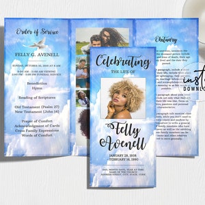 Trifold Funeral Program Template, Tri-fold Brochure, Funeral Clouds Theme, Clouds Memorial Programs, Obituary Program, instant download