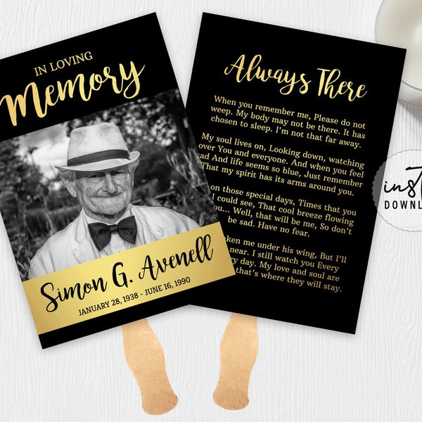 Funeral Program Fan, Funeral Fans Template, Black and Gold Theme, Obituary Program, instant download