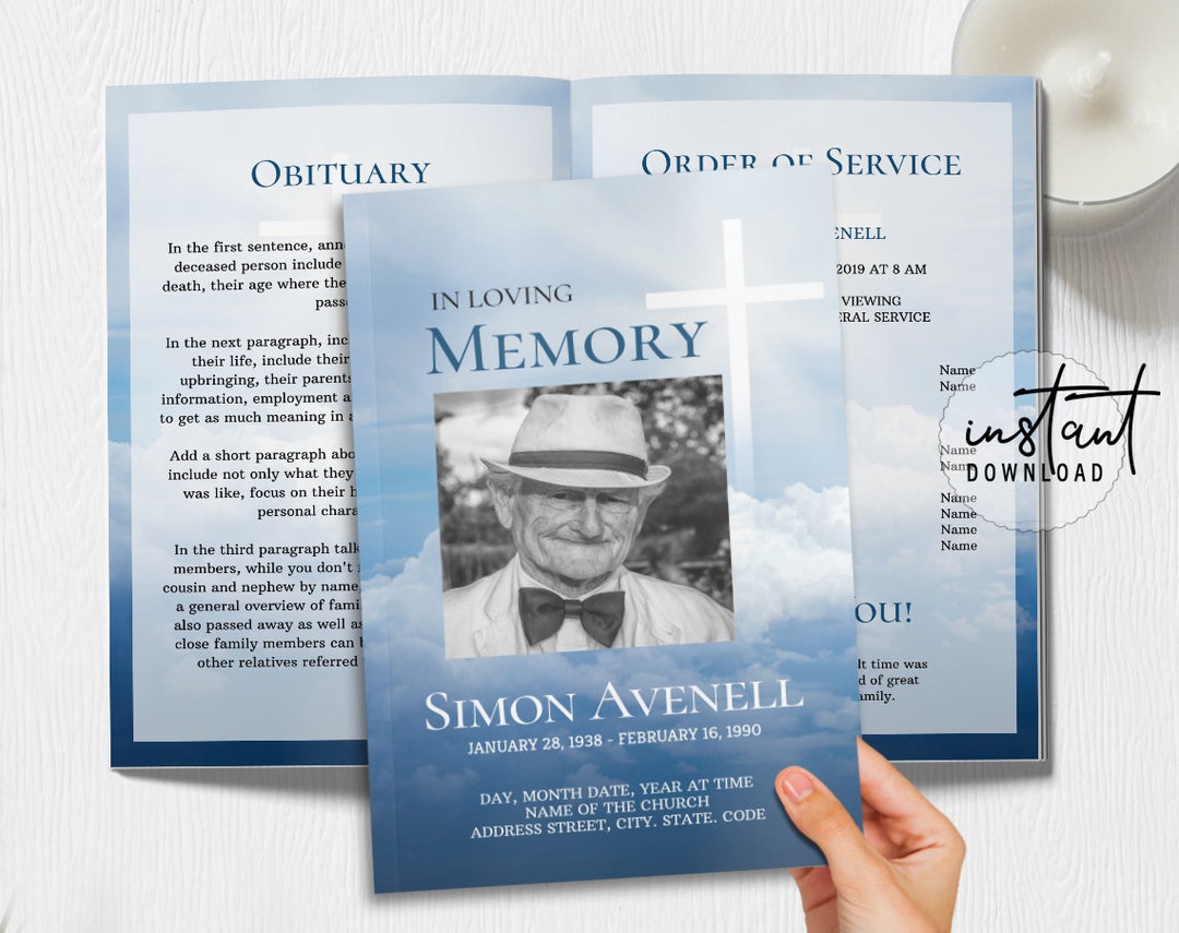 4 Page Funeral Program Template, Editable Funeral Program, Blue Sky 4 Page Funeral Program Template, Editable Funeral Program, Blue Sky