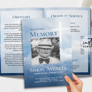 4 Page Funeral Program Template, Editable Funeral Program, Blue Sky Cross Theme, Obituary Program, Memorial Programs, instant download