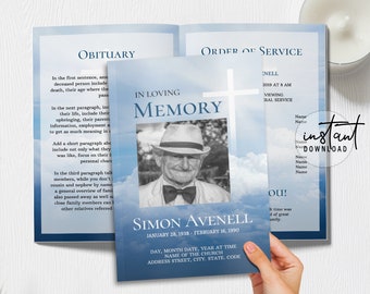 4 Page Funeral Program Template, Editable Funeral Program, Blue Sky Cross Theme, Obituary Program, Memorial Programs, instant download