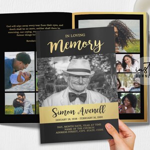 8 Page Funeral Program Template, Editable Funeral Program, Black and Gold Theme, Obituary Program, Memorial Programs, instant download