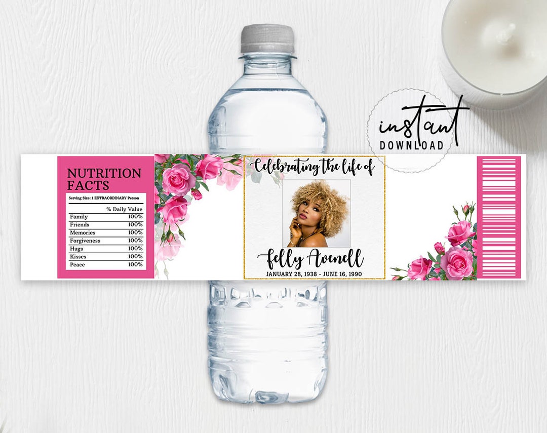 Funeral Water Bottle Label, Memorial Water Bottle, Pink Roses Funeral
