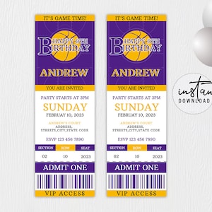 Basketball Ticket Birthday Invitation, Basketball Invitation, Purple & Gold Birthday Theme, Basketball Birthday Theme, instant download