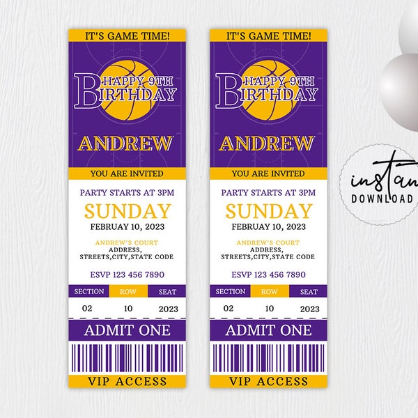 Basketball Ticket Birthday Invitation, Basketball Invitation, Purple & Gold Birthday Theme, Basketball Birthday Theme, instant download