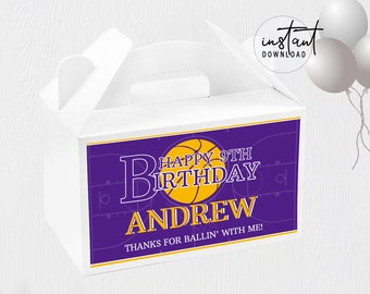Basketball Gable Box Label, Gable Box Party Favor, Purple and Gold Birthday Theme, Basketball Birthday Theme, instant download