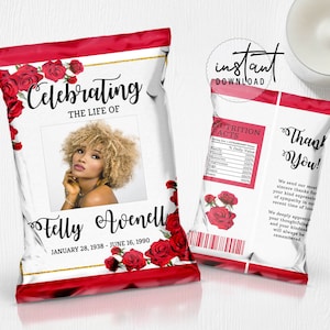 Funeral Chip Bag Label, Memorial Chip Bag, Red Rose Funeral Program Theme, Red Roses Memorial Programs, Obituary Chip Bag, instant download