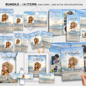 May include: A set of 14 printable memorial items featuring a blue sky, white clouds, and a beach scene. The items include a programme, a thank you card, a memorial card, a bookmark, a candle, a water bottle label, a crisp bag label, a memorial booklet, a share a memory card, and a memorial sign. The items are designed to celebrate the life of Felly G. Avenell.