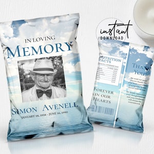 Funeral Chip Bag Label, Memorial Chip Bag, Blue Sky Water Funeral Theme, Gold Memorial Programs, Obituary Chip Bag, instant download