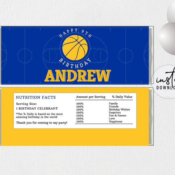 Hershey Bar Wrapper Template, Chocolate Bar Wrapper, Blue and Yellow Birthday Theme, Basketball Birthday Theme, instant download