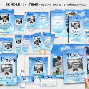 Funeral Bundle Set, Funeral Program Template, Funeral Program, Blue Clouds Theme, Obituary Program, instant download