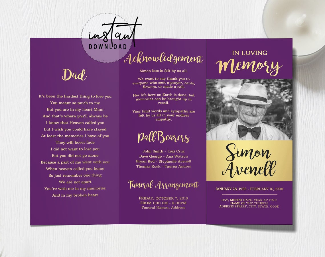 Trifold Funeral Program Template Trifold Brochure Purple Etsy