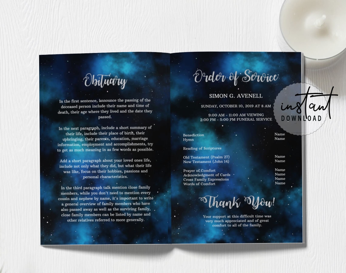 4 Page Funeral Program Template, Editable Funeral Program, Blue Galaxy ...