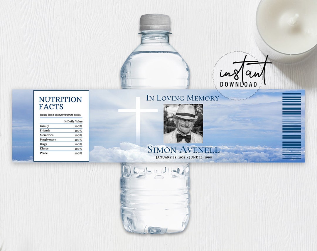 Funeral Water Bottle Label, Memorial Water Bottle, Blue Sky Cross