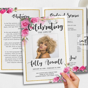 4 Page Funeral Program Template, Editable Funeral Program, Pink Rose Funeral Program, Obituary Program, Memorial Programs, instant download