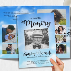 8 Page Funeral Program Template, Editable Funeral Program, Blue Clouds Theme, Obituary Program, Memorial Programs, instant download
