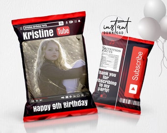 YouTube Dark Chip Bag Label, Chip Bags Party Favor, YouTube Dark Birthday Theme, Editable Chip Bag Label Template, instant download