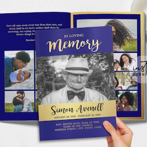 8 Page Funeral Program Template, Editable Funeral Program, Blue and Gold Theme, Obituary Program, Memorial Programs, instant download