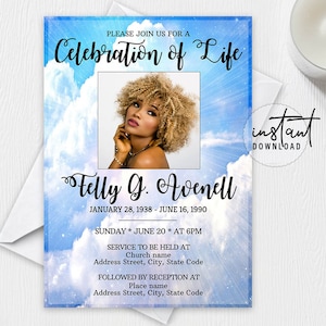 Editable Funeral Invitation Template, Celebration of Life, Obituary Program, Funeral Clouds Invitation, instant download