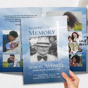 8 Page Funeral Program Template, Editable Funeral Program, Blue Sky Cross Theme, Obituary Program, Memorial Programs, instant download