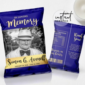 Funeral Chip Bag Label, Memorial Chip Bag, Blue and Gold Theme, Gold Memorial Programs, Obituary Chip Bag, instant download