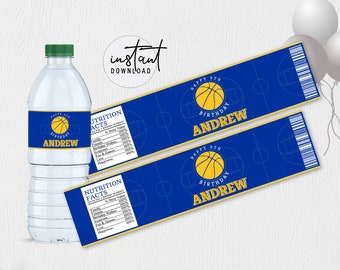 Basketball Water Bottle Labels, Water Bottle Birthday Labels, Blue and Yellow Birthday Theme, Basketball Birthday Theme, instant download