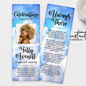 May include: A blue and white memorial bookmark with a photo of a woman and the text "Celebrating the Life of Felly Avenell January 28, 1938 - June 16, 1990" and "Always There" with a poem about remembering a loved one.