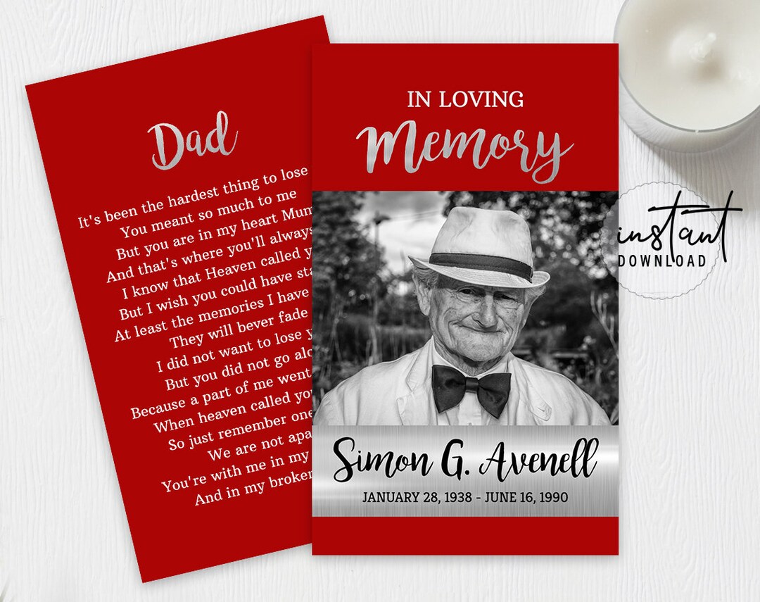 Funeral Prayer Card, Prayer Cards for Funeral, Red and Silver Funeral