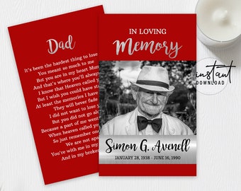 Funeral Prayer Card, Prayer Cards for Funeral, Red and Silver Funeral Theme, Memorial Programs, Obituary Program, instant download