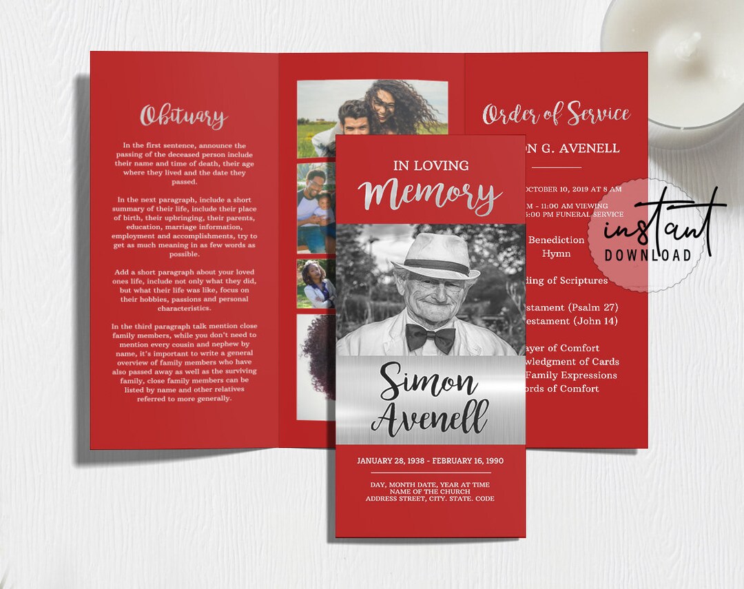 Trifold Funeral Program Template, Trifold Brochure, Red and Silver Funeral Theme, Memorial