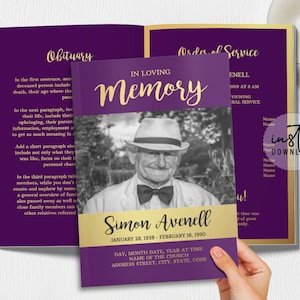 4 Page Funeral Program Template, Editable Funeral Program, Purple and Gold, Obituary Program, Memorial Programs, instant download