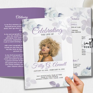 4 Page Funeral Program Template, Editable Funeral Program, Purple Rose Funeral Theme, Obituary Program, Memorial Programs, instant download