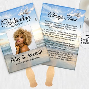 May include: A memorial fan with a photo of a woman and the text "Celebrating the life of Felly G. Avenell January 28, 1938 - June 16, 1990". The other side of the fan has a poem titled "Always There" with a beach scene in the background.
