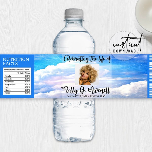 Funeral Water Bottle Label, Memorial Water Bottle, Funeral Clouds Theme Funeral Program, Obituary Program, instant download