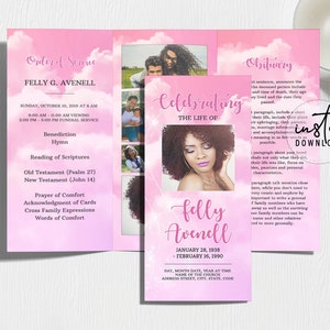 Trifold Funeral Program Template, Tri-fold Brochure, Pink Clouds Theme, Clouds Memorial Programs, Obituary Program, instant download