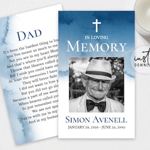 Carta di preghiera funebre, Cartoline di preghiera per funerale, Tema acquerello blu, Programmi commemorativi blu, Programma necrologio, download istantaneo
