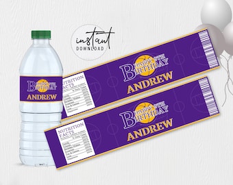 Basketball Water Bottle Labels, Water Bottle Birthday Labels, Purple and Gold Birthday Theme, Basketball Birthday Theme, instant download