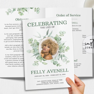4 Page Funeral Program Template, Editable Funeral Program, Green Leaves Funeral Theme, Obituary Program, Memorial Programs, instant download
