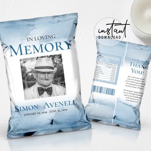 Funeral Chip Bag Label, Memorial Chip Bag, Blue Watercolor Theme, Blue Memorial Programs, Obituary Chip Bag, instant download