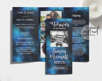 Trifold Funeral Program Template, Tri-fold Brochure, Blue Galaxy Theme, Galaxy Memorial Programs, Obituary Program, instant download