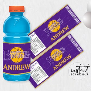 Basketball Gatorade Bottle label, Gatorade Birthday Label, Purple and Gold Birthday Theme, Basketball Birthday Theme, instant download