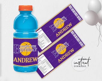 Basketball Gatorade Bottle label, Gatorade Birthday Label, Purple and Gold Birthday Theme, Basketball Birthday Theme, instant download
