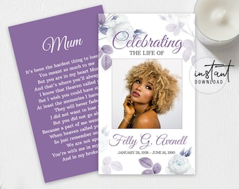 Funeral Prayer Card, Prayer Cards for Funeral, Purple Rose Theme Funeral Program, Obituary Program, instant download