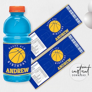 Basketball Gatorade Bottle label, Gatorade Birthday Label, Blue and Yellow Birthday Theme, Basketball Birthday Theme, instant download